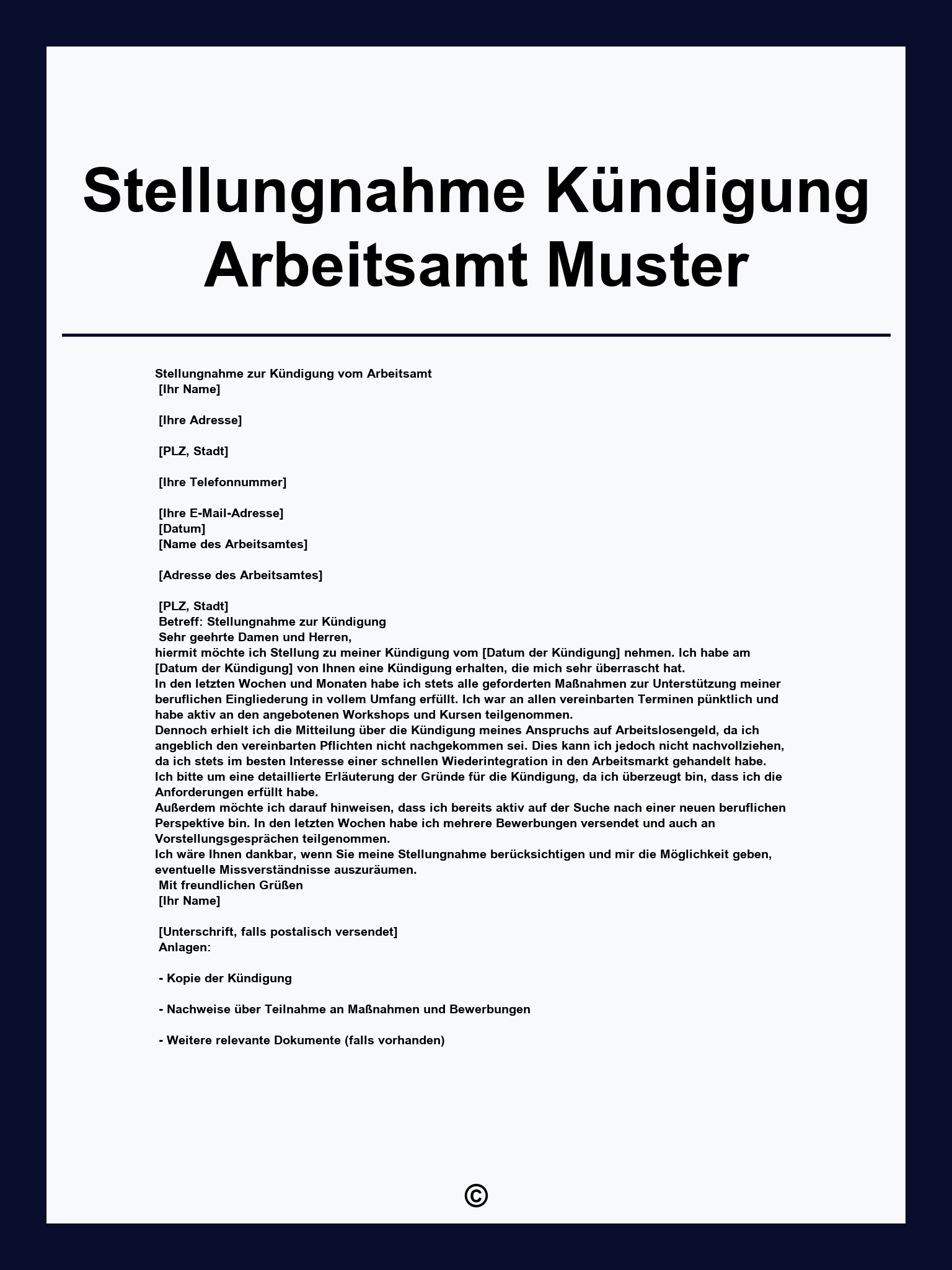 Stellungnahme Kündigung Arbeitsamt Muster