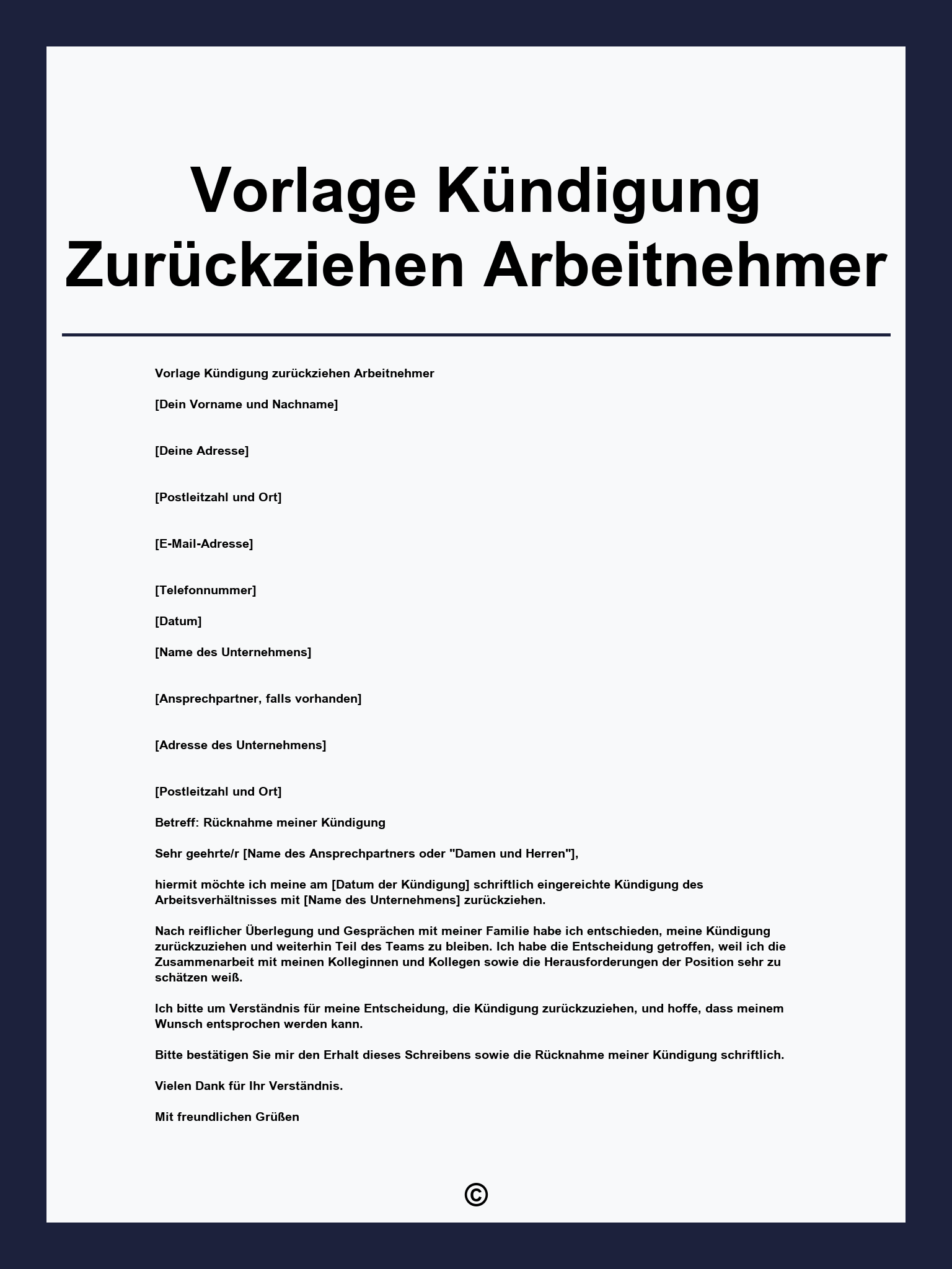 Vorlage Kündigung Zurückziehen Arbeitnehmer